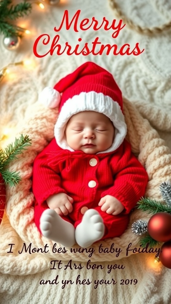 A newborn Christmas card with a baby in a holiday outfit, decorated with festive elements.